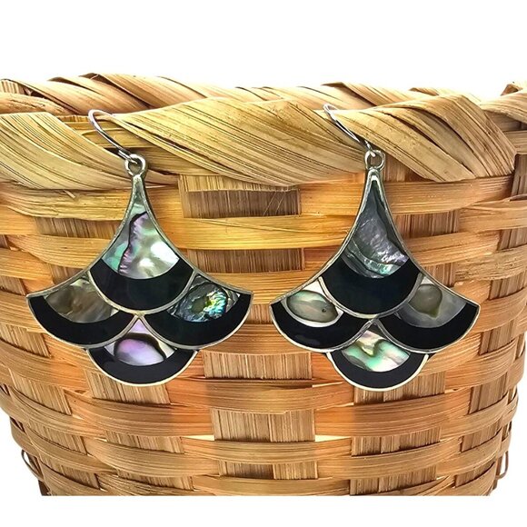 Handmade Alpaca Silver Abalone & Black Onyx Inlay Earrings - Picture 1 of 13